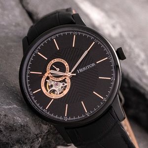 NWT All Black Automatic Genuine Leather Band Watch